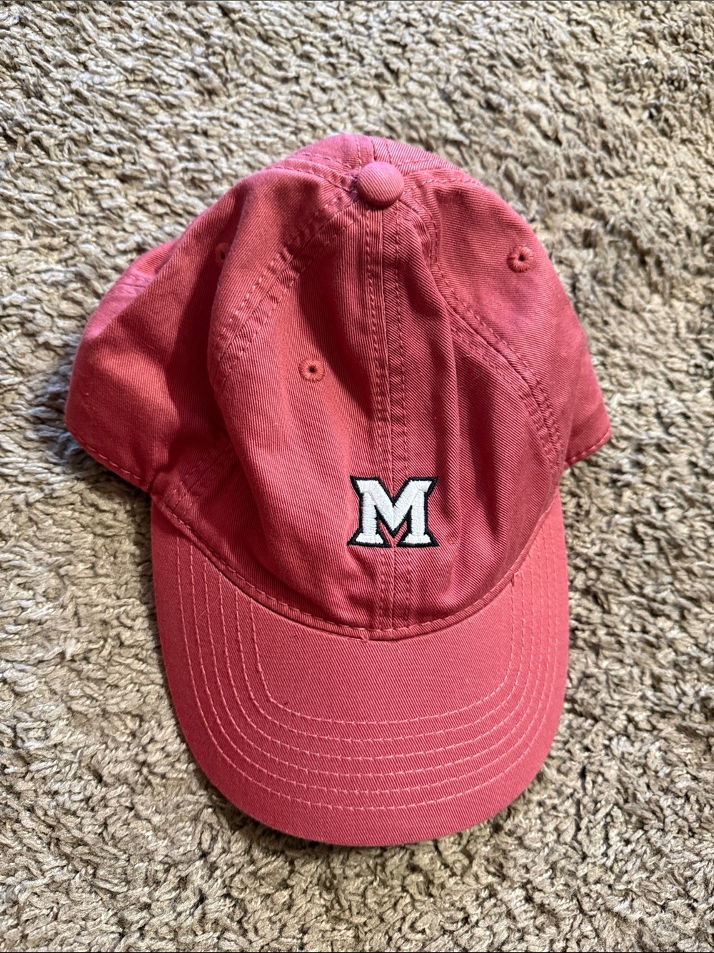 Miami University Ohio Baseball Cap Unisex with Adjustable Band, White M logo.